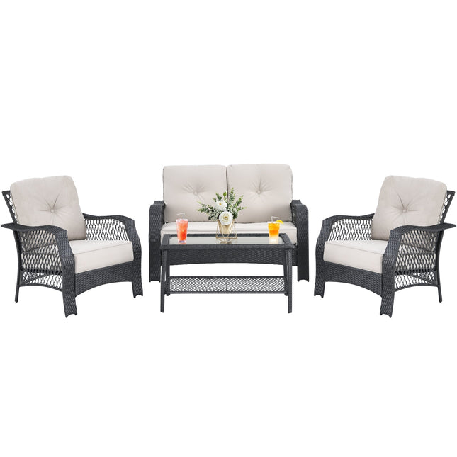4 Pieces Patio Wicker Furniture Set Loveseat Sofa Coffee Table with Cushion - Beige - Patio Furniture | Patioza