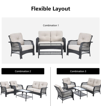 4 Pieces Patio Wicker Furniture Set Loveseat Sofa Coffee Table with Cushion - Beige - Patio Furniture | Patioza