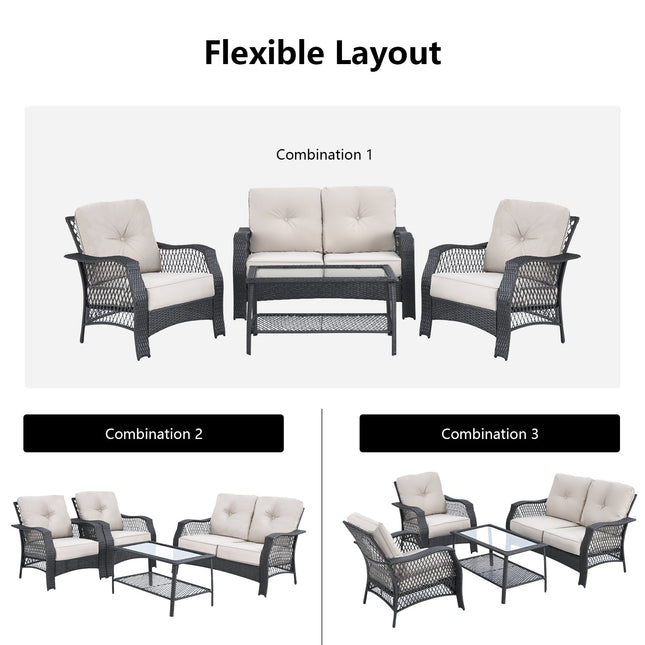 4 Pieces Patio Wicker Furniture Set Loveseat Sofa Coffee Table with Cushion - Beige - Patio Furniture | Patioza