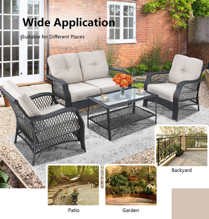 4 Pieces Patio Wicker Furniture Set Loveseat Sofa Coffee Table with Cushion - Beige - Patio Furniture | Patioza