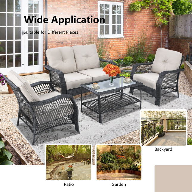 4 Pieces Patio Wicker Furniture Set Loveseat Sofa Coffee Table with Cushion - Beige - Patio Furniture | Patioza