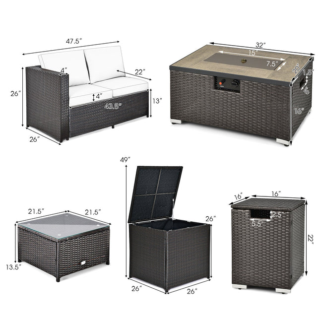 6 Pieces Outdoor Wicker Furniture Set with 32 Inch Propane Fire Pit Table - Turquoise - Fire Pits | Patioza