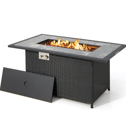 52 Inch Rattan Wicker Propane Fire Pit Table with Rain Cover and Lava Rock - Black - Patio Furniture | Patioza
