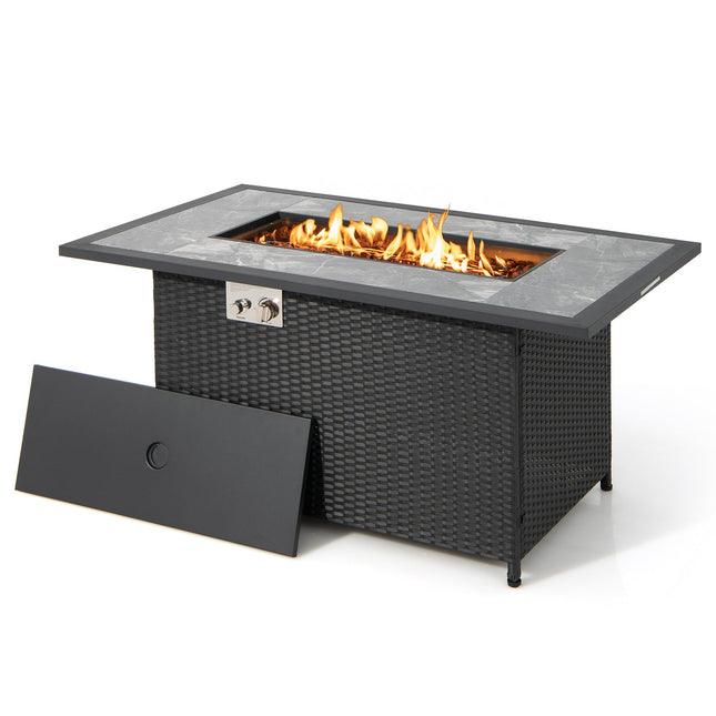 52 Inch Rattan Wicker Propane Fire Pit Table with Rain Cover and Lava Rock - Black - Patio Furniture | Patioza