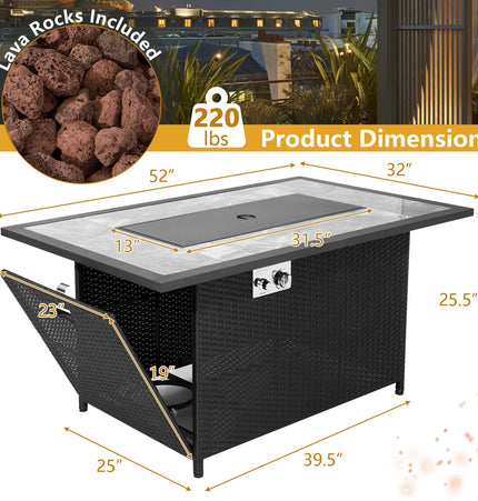 52 Inch Rattan Wicker Propane Fire Pit Table with Rain Cover and Lava Rock - Black - Patio Furniture | Patioza