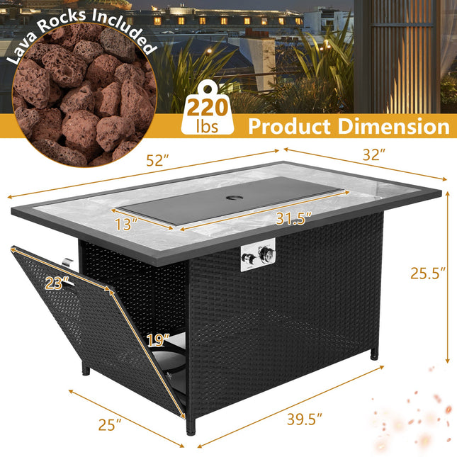 52 Inch Rattan Wicker Propane Fire Pit Table with Rain Cover and Lava Rock - Black - Patio Furniture | Patioza