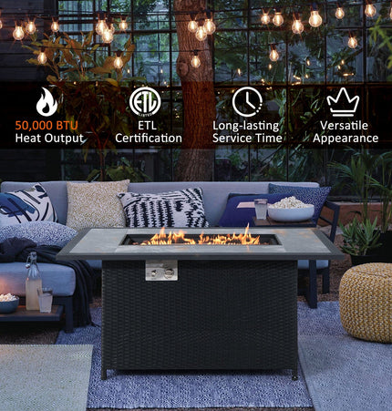 52 Inch Rattan Wicker Propane Fire Pit Table with Rain Cover and Lava Rock - Black - Patio Furniture | Patioza