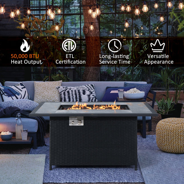 52 Inch Rattan Wicker Propane Fire Pit Table with Rain Cover and Lava Rock - Black - Patio Furniture | Patioza