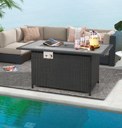 52 Inch Rattan Wicker Propane Fire Pit Table with Rain Cover and Lava Rock - Black - Patio Furniture | Patioza