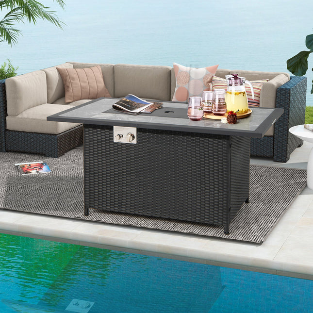 52 Inch Rattan Wicker Propane Fire Pit Table with Rain Cover and Lava Rock - Black - Patio Furniture | Patioza