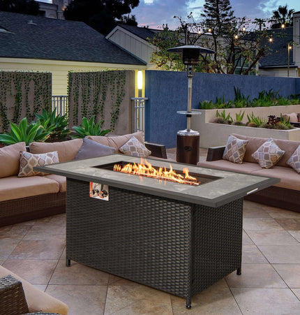 52 Inch Rattan Wicker Propane Fire Pit Table with Rain Cover and Lava Rock - Black - Patio Furniture | Patioza