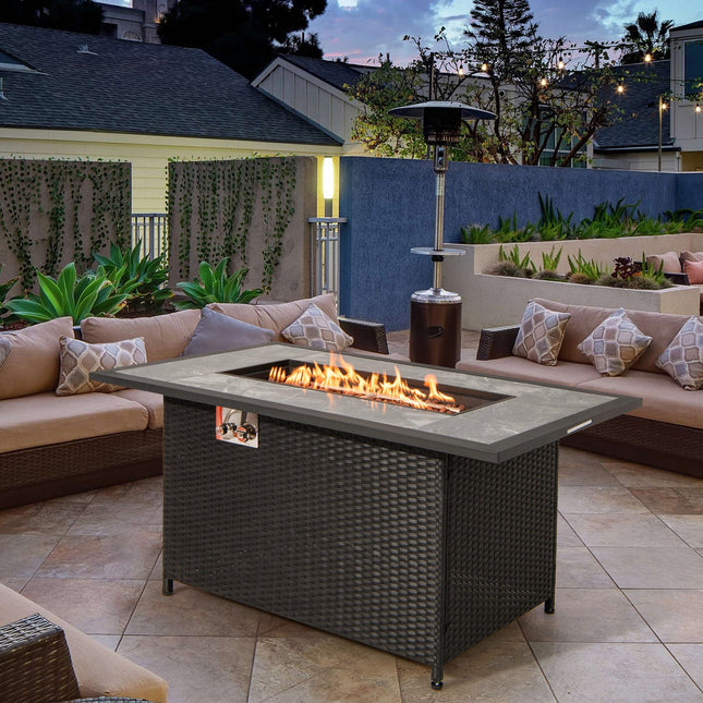 52 Inch Rattan Wicker Propane Fire Pit Table with Rain Cover and Lava Rock - Black - Patio Furniture | Patioza