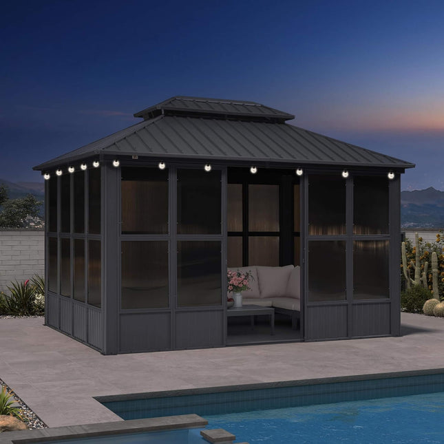 Alora Vista Outdoor Hardtop Aluminum Solarium With Double Roof And LED Lights (SAK42086) - Sunrooms | Patioza