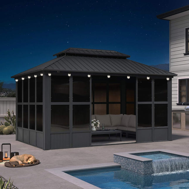 Alora Vista Outdoor Hardtop Aluminum Solarium With Double Roof And LED Lights (SAK42086) - Sunrooms | Patioza