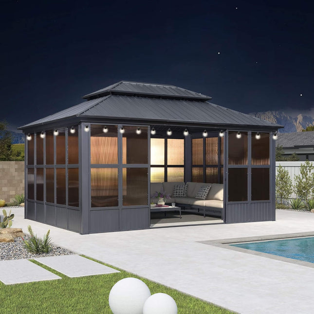 Alora Vista Outdoor Hardtop Aluminum Solarium With Double Roof And LED Lights (SAK42086) - Sunrooms | Patioza