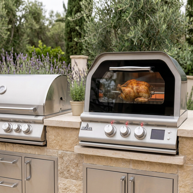 Outdoor kitchen with a separate grill beside the Blaze rotisserie oven