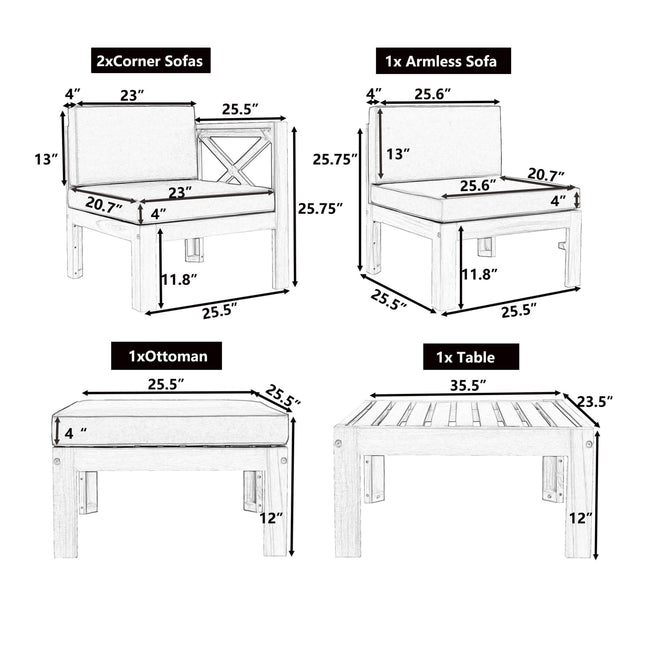 Alora 5-Piece Outdoor Patio Wood Sectional Sofa Set With Cushions (SAK31297) - Outdoor Furniture Sets | Patioza