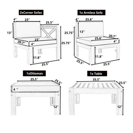 Alora 5-Piece Outdoor Patio Wood Sectional Sofa Set With Cushions (SAK31297) - Outdoor Furniture Sets | Patioza