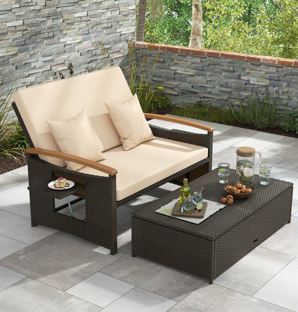 Outdoor Wicker Daybed with Folding Panels and Storage Ottoman - | Patioza
