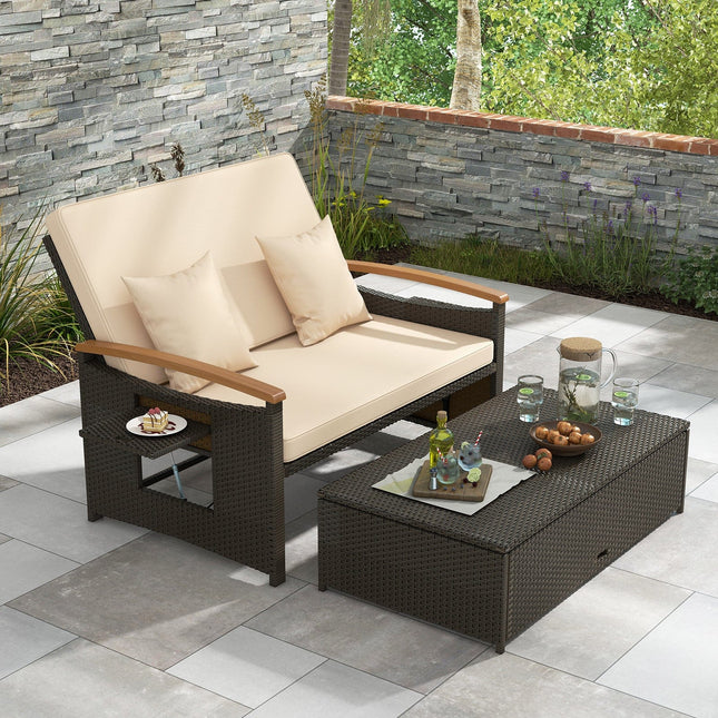 Outdoor Wicker Daybed with Folding Panels and Storage Ottoman - | Patioza