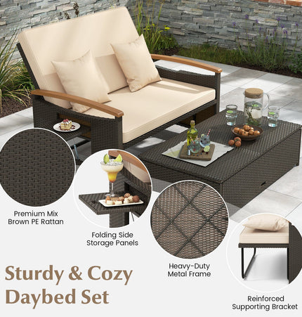 Outdoor Wicker Daybed with Folding Panels and Storage Ottoman - | Patioza