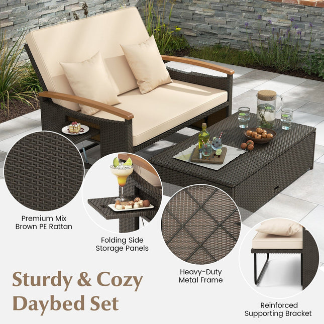 Outdoor Wicker Daybed with Folding Panels and Storage Ottoman - | Patioza