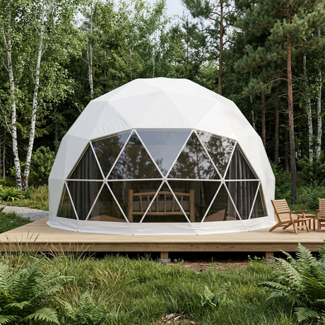 Patioza 20-foot Phoenix glamping dome on a woodland terrace