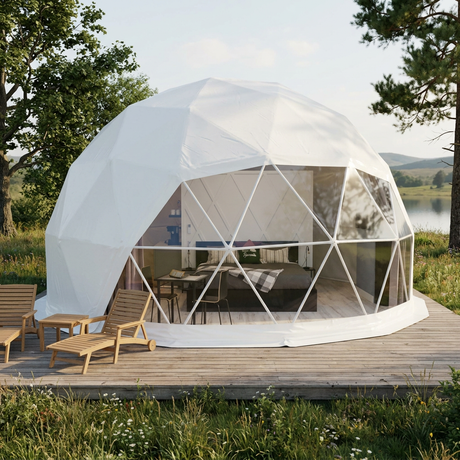 Patioza 23-foot Deluxe dome in a landscaped countryside retreat