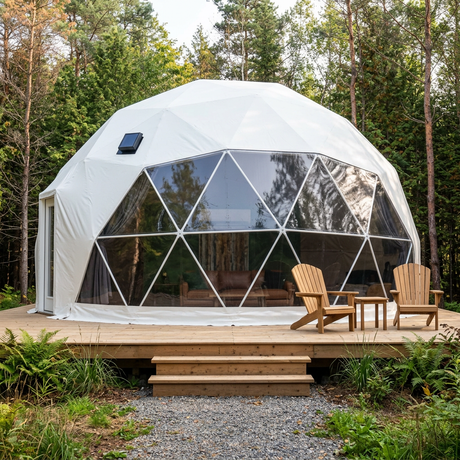Patioza 26-foot glamping dome in a landscaped woodland retreat
