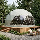 Patioza 30-foot Phoenix dome in a landscaped woodland retreat