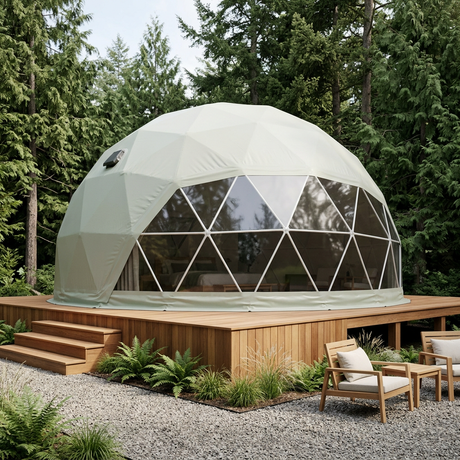Patioza 30-foot Phoenix dome in a landscaped woodland retreat