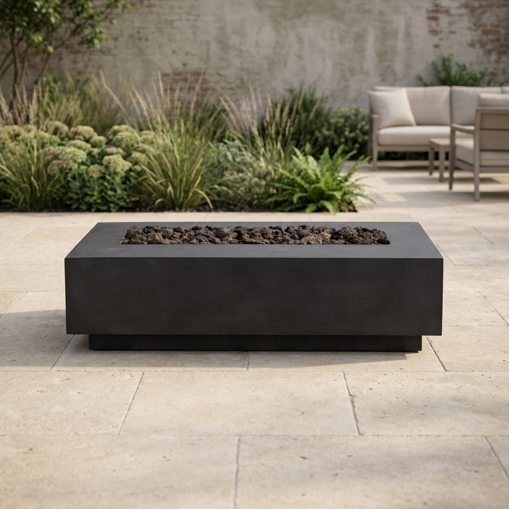 Patioza black Lineal fire table in a styled outdoor terrace
