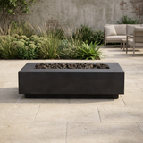Patioza black Lineal fire table in a styled outdoor terrace