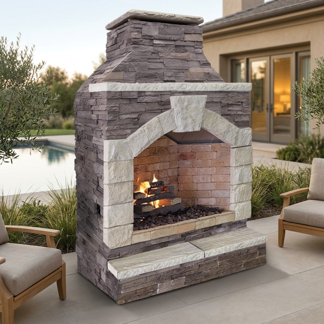 Patioza Durango outdoor fireplace in a landscaped poolside lounge