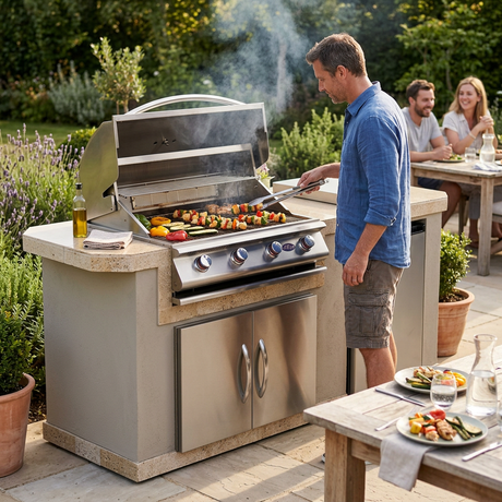 Patioza grill island in use during a lively backyard lunch