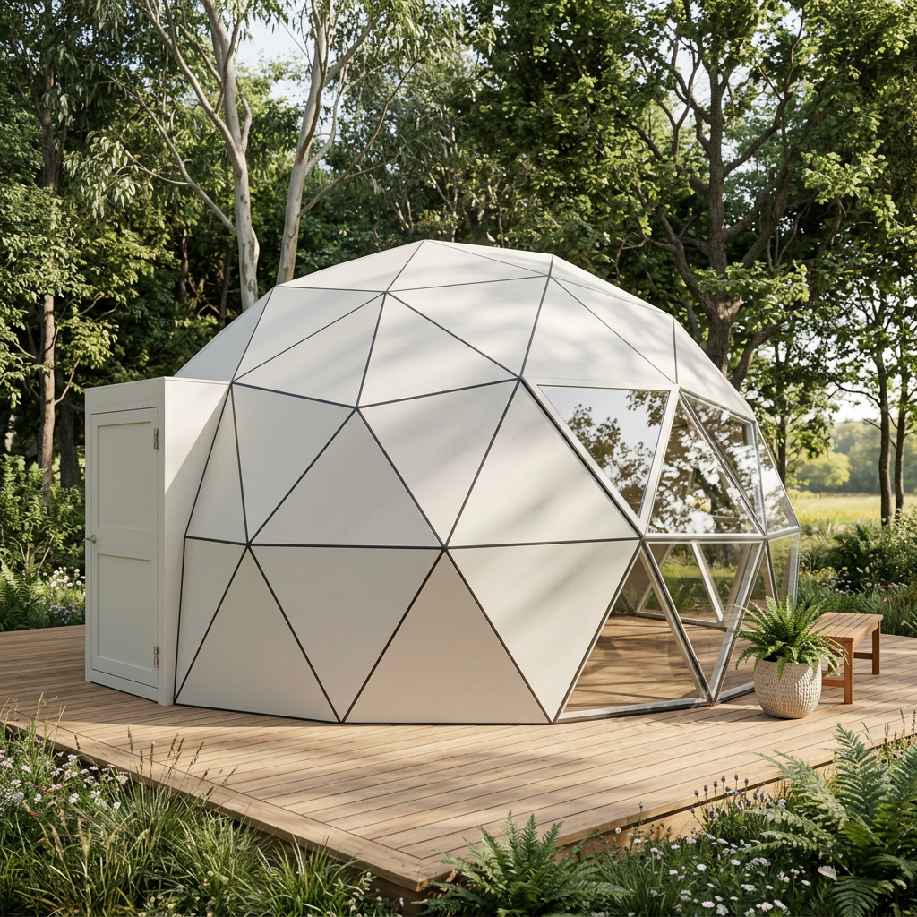Patioza Phoenix hard-panel dome on a landscaped woodland terrace