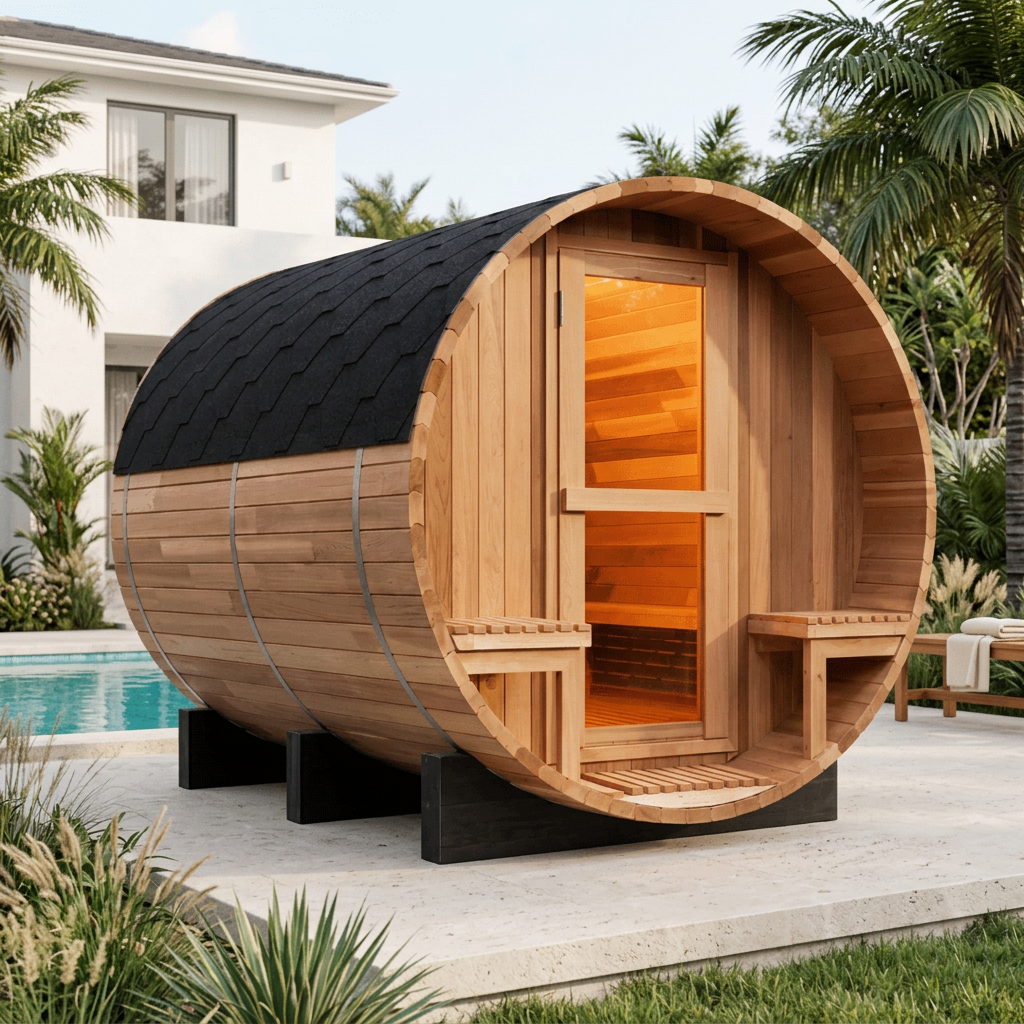 Patioza red cedar barrel sauna in a landscaped poolside wellness garden