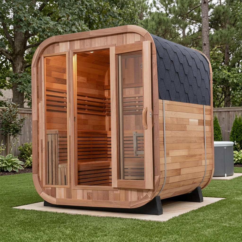 Patioza sauna centered in a turfed backyard with a cold plunge tub to one side