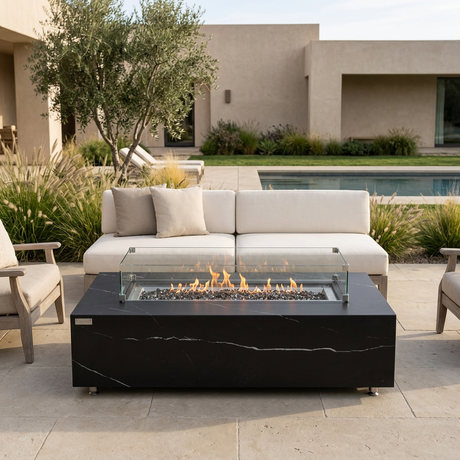 Patioza Varna black marble porcelain fire table in a premium outdoor lounge