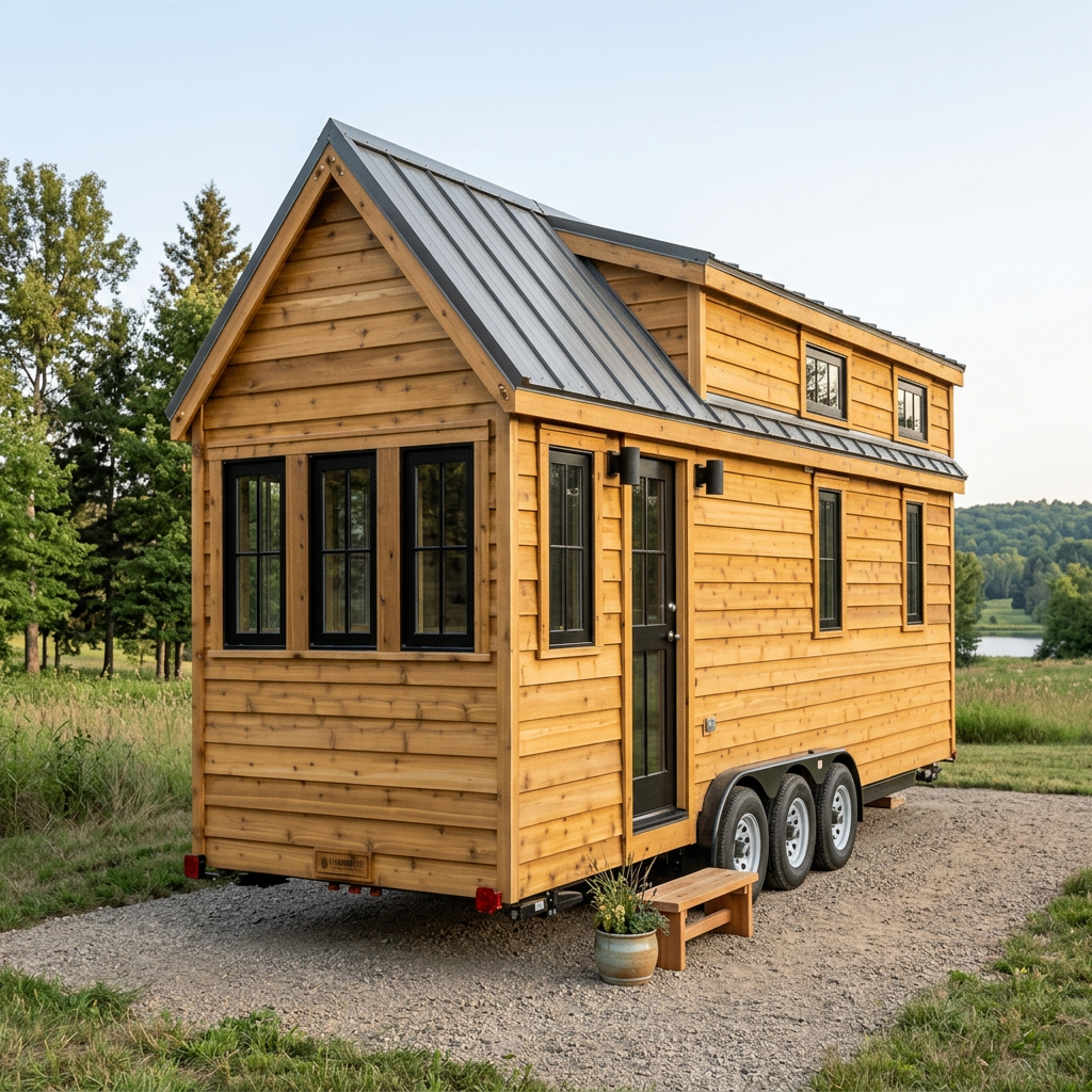 Patioza wood tiny home on wheels in a countryside retreat