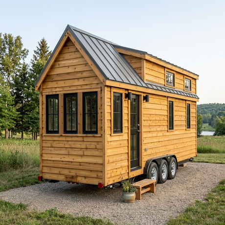Patioza wood tiny home on wheels in a countryside retreat