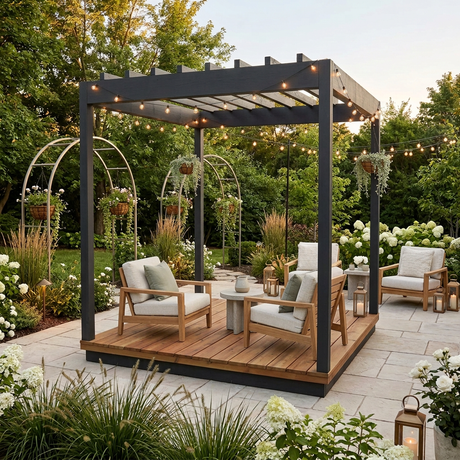 Pergola decorated with warm string lights, hanging greenery, and elegant seating within the garden sanctuary