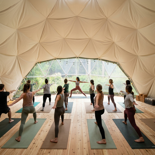 Phoenix 33-foot dome interior hosting a yoga class