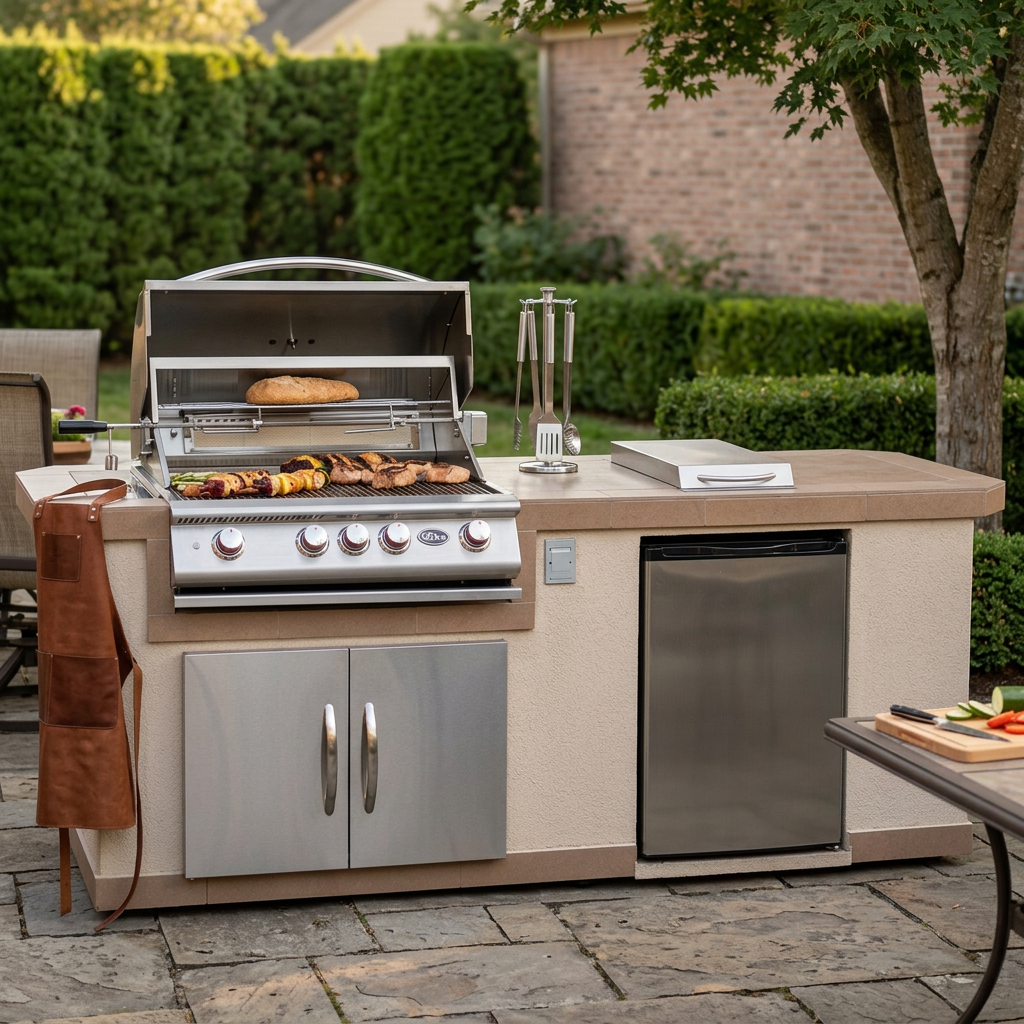 Photorealistic backyard lifestyle photo of the Cal Flame Atlantic Q 8 Ft. BBQ Grill Island