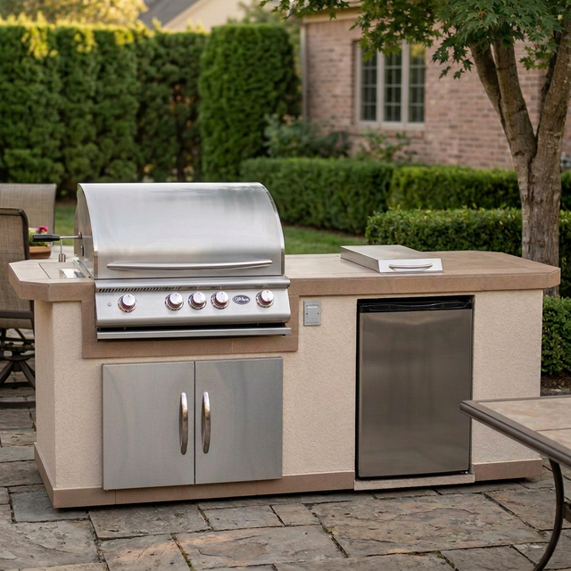Photorealistic backyard photo of the Cal Flame Atlantic Q 8 Ft. BBQ Grill Island with the grill hood closed