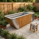 Photorealistic outdoor lifestyle image of the Icetubs ice bath
