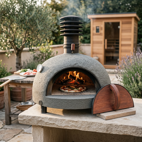 Piko oven cooking pizza with a cedar sauna in the background