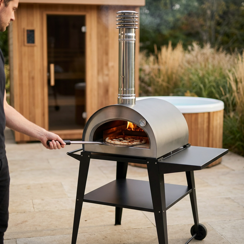 Pizzi oven in action with sauna and cold tub in the background