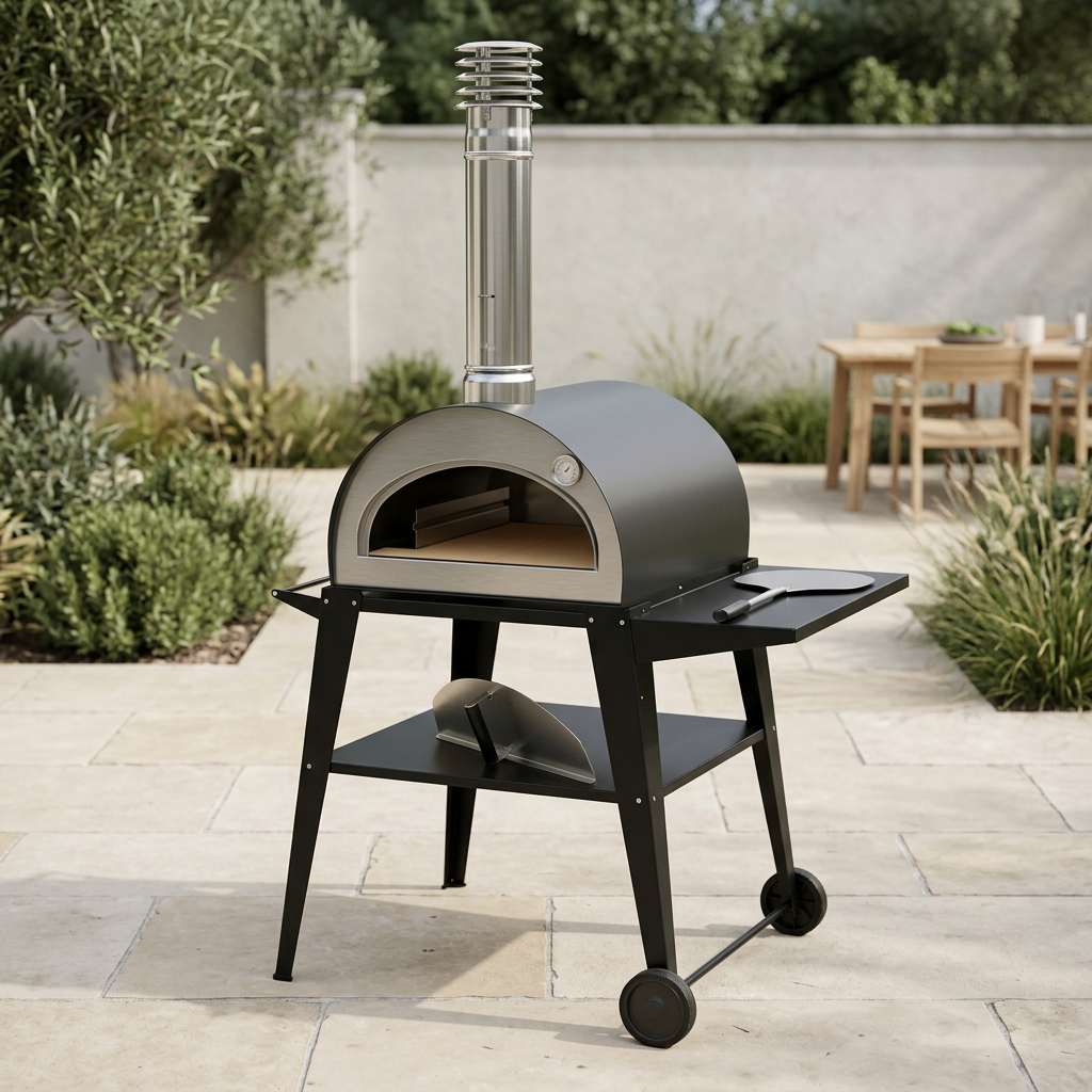 Pizzi pizza oven and cart in a styled outdoor patio setting