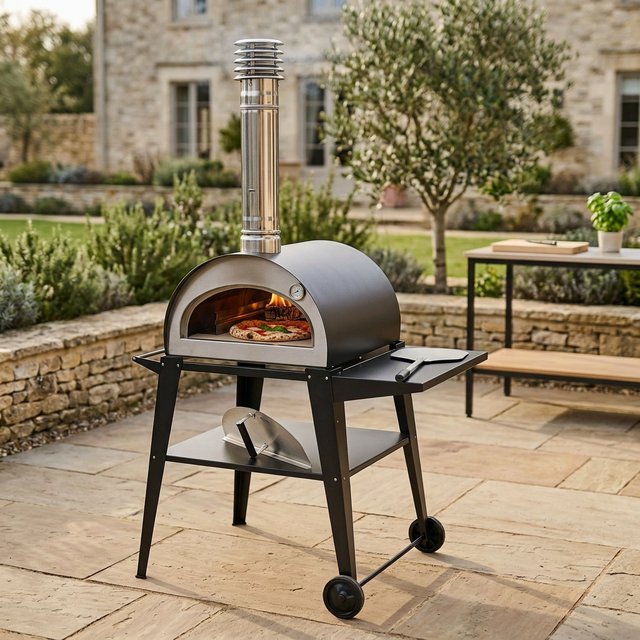 Pizzi pizza oven baking a pizza with a glowing wood fire on an outdoor terrace